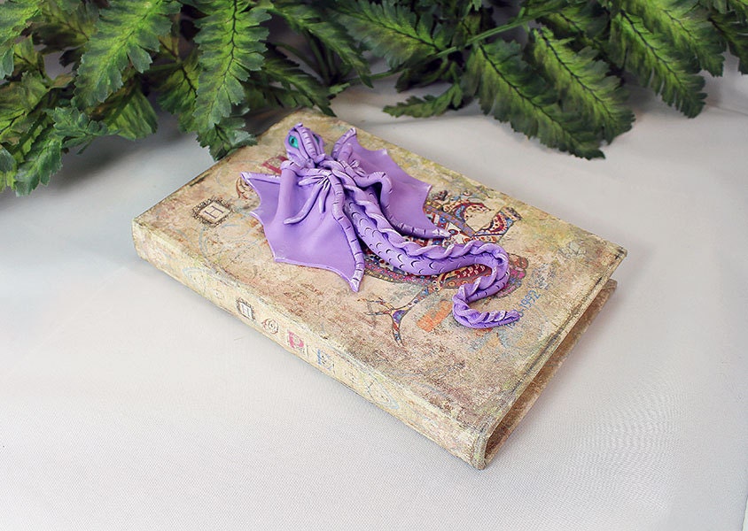 Polymer Clay Purple Dragon on Storage Book - 1-068