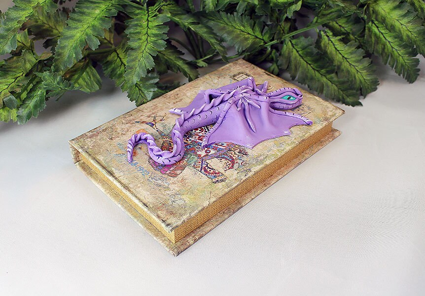 Polymer Clay Purple Dragon on Storage Book - 1-068