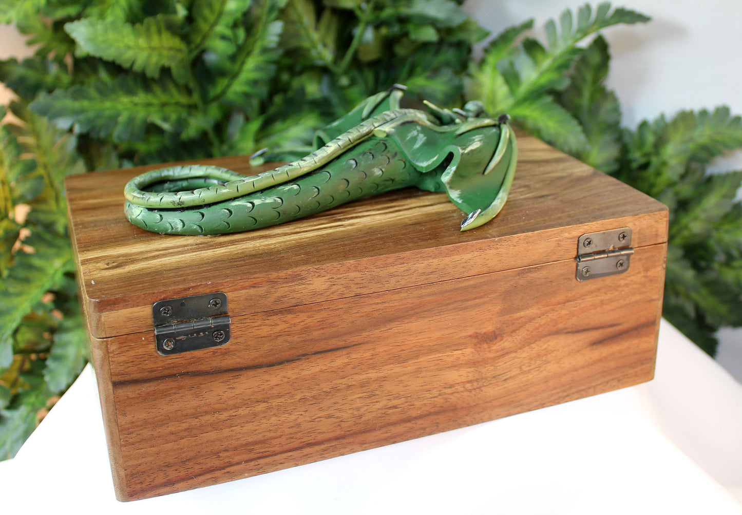 Polymer Clay Green Dragon on Natural Wood Box - 1-086