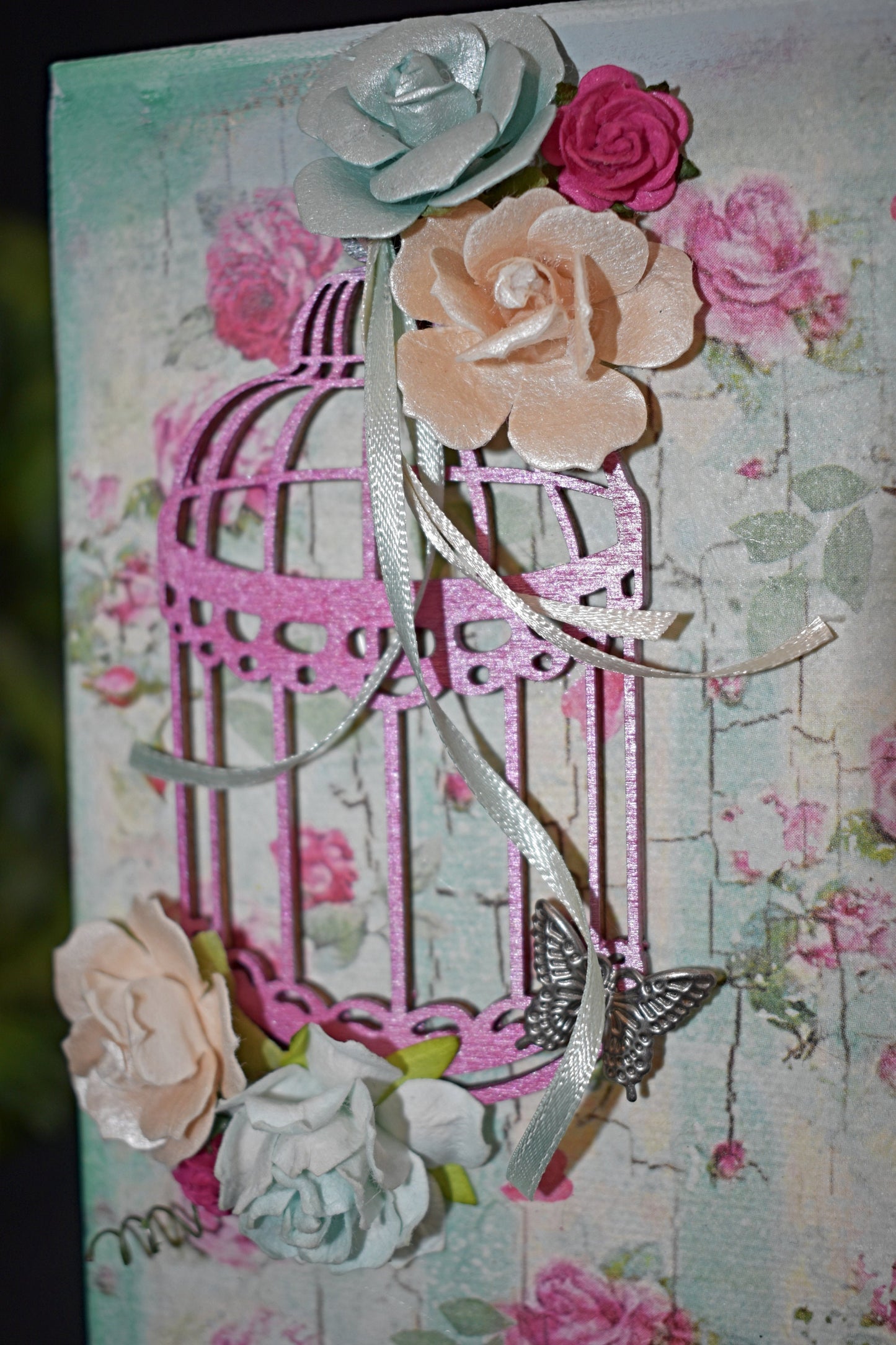 Mixed Media Handmade Canvas - Small Roses and Writings - 11-014