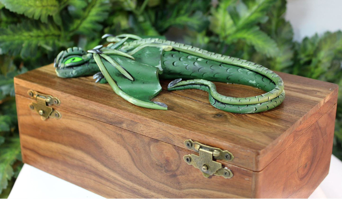 Polymer Clay Green Dragon on Natural Wood Box - 1-086