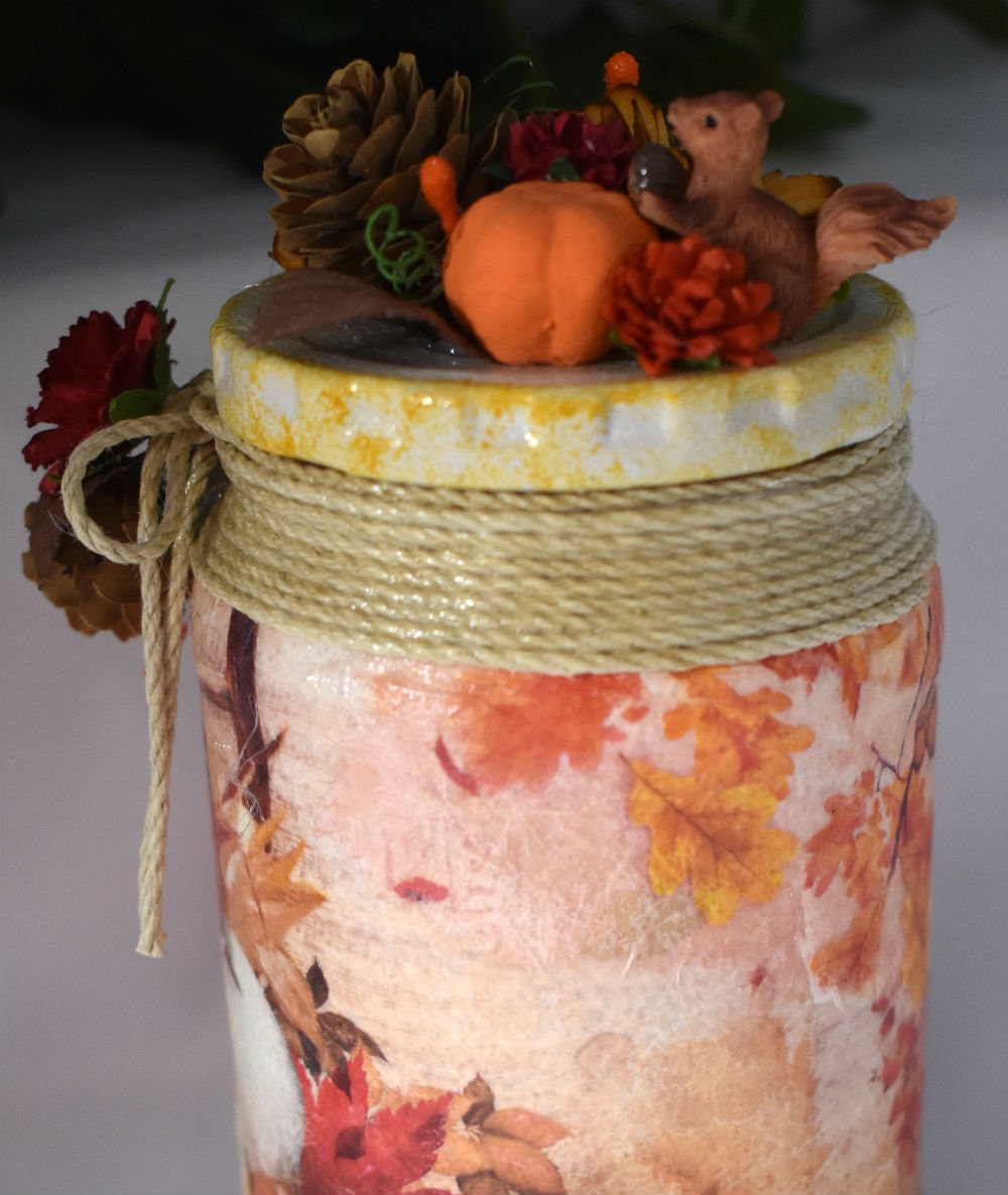Autumn Decoupage Mixed Media Glass Jar - 7-063