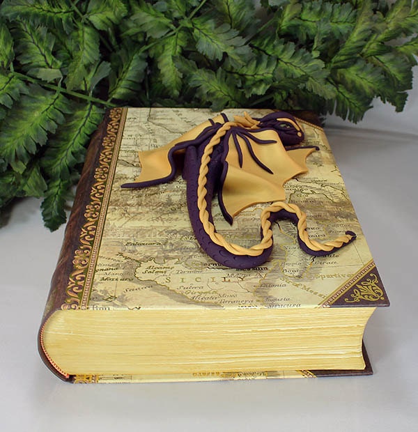 Polymer Clay Purple and Gold Dragon on a Storage Book - 1-058