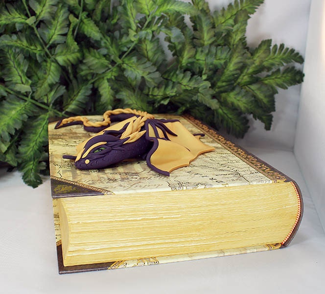 Polymer Clay Purple and Gold Dragon on a Storage Book - 1-058