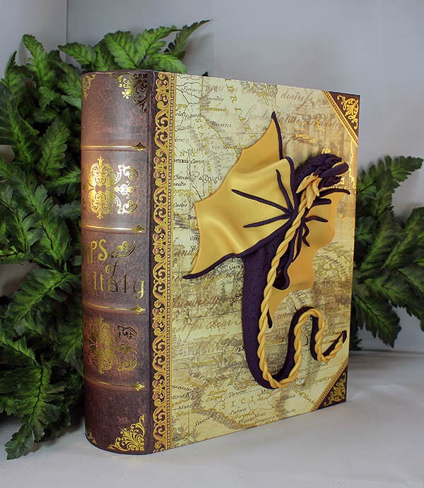 Polymer Clay Purple and Gold Dragon on a Storage Book - 1-058