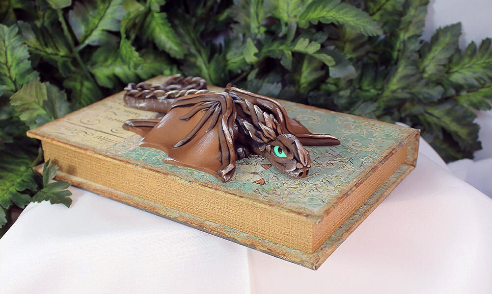 Polymer Clay Brown and Silver Dragon on Book - 1-074