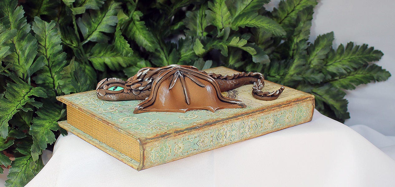 Polymer Clay Brown and Silver Dragon on Book - 1-074