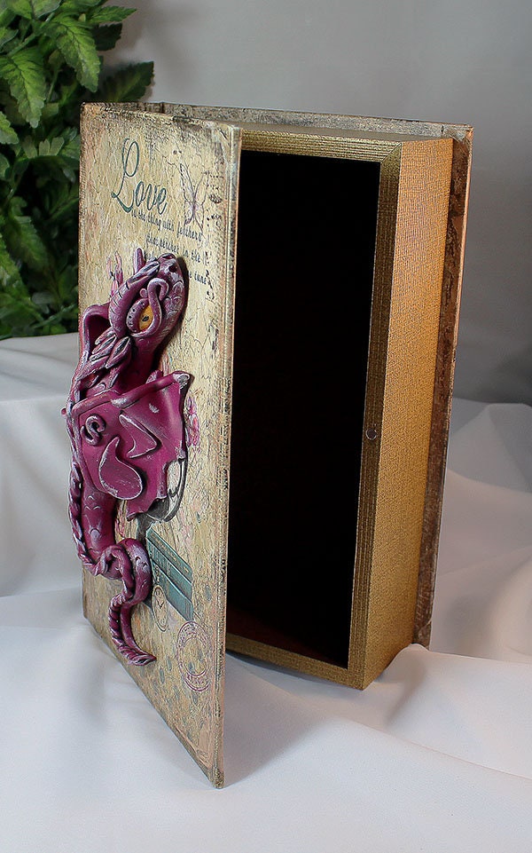 Polymer Clay Pink Dragon on a Storage Book - 1-075