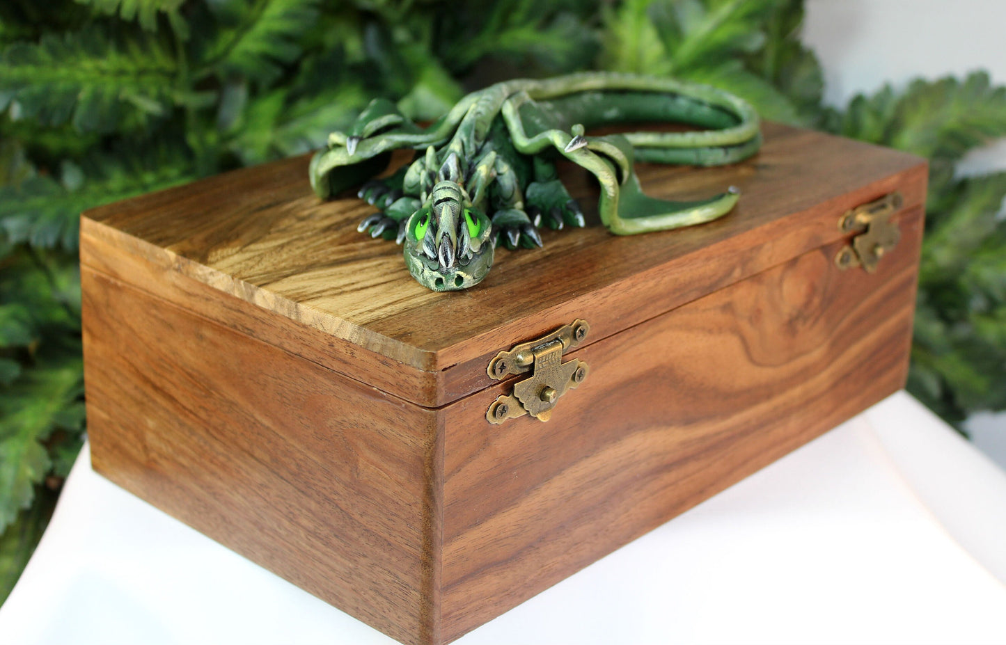 Polymer Clay Green Dragon on Natural Wood Box - 1-086