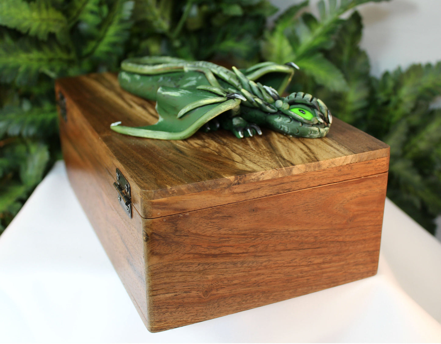 Polymer Clay Green Dragon on Natural Wood Box - 1-086