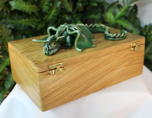 Polymer Clay Green Dragon on Natural Wood Box - 1-088