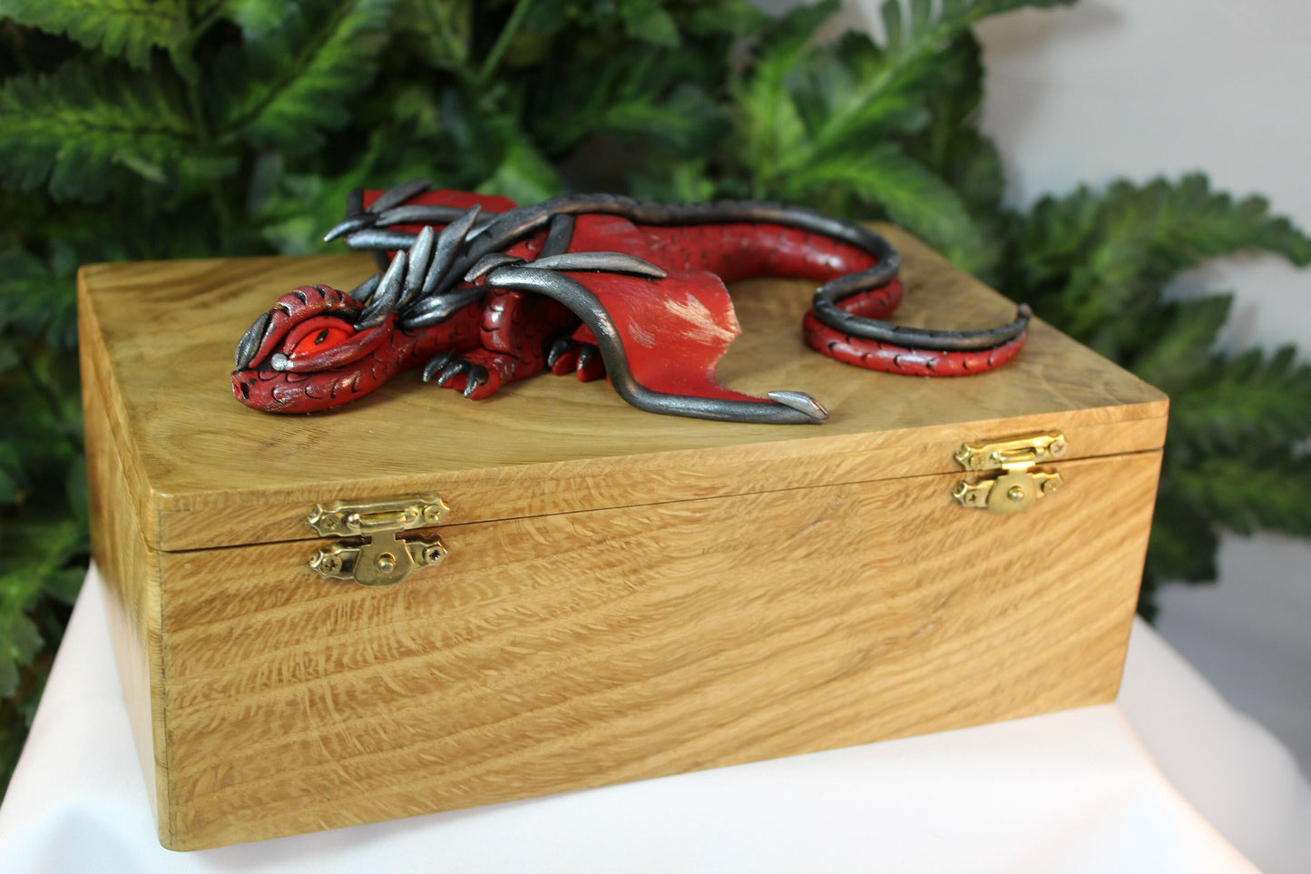 Polymer Clay Red and Black Dragon on Natural Wood Box - 1-089