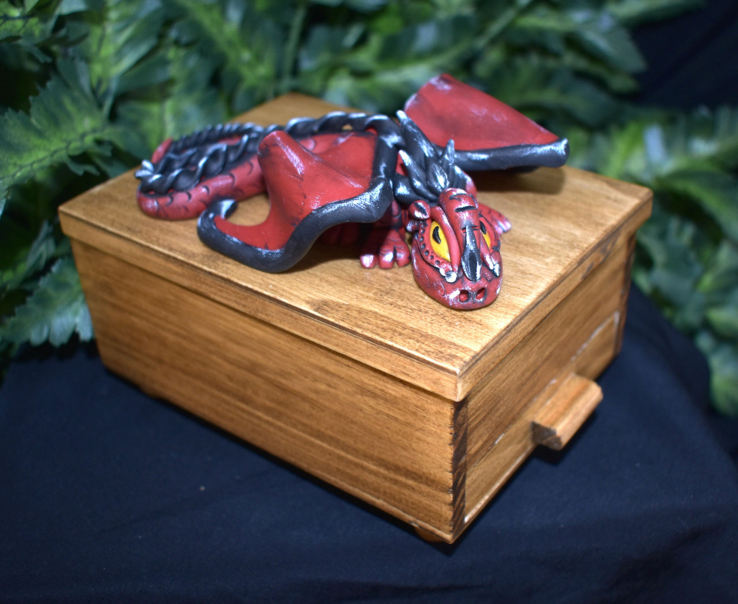 Polymer Clay Black and Red Dragon on Wood Jewelry Box - 1-103