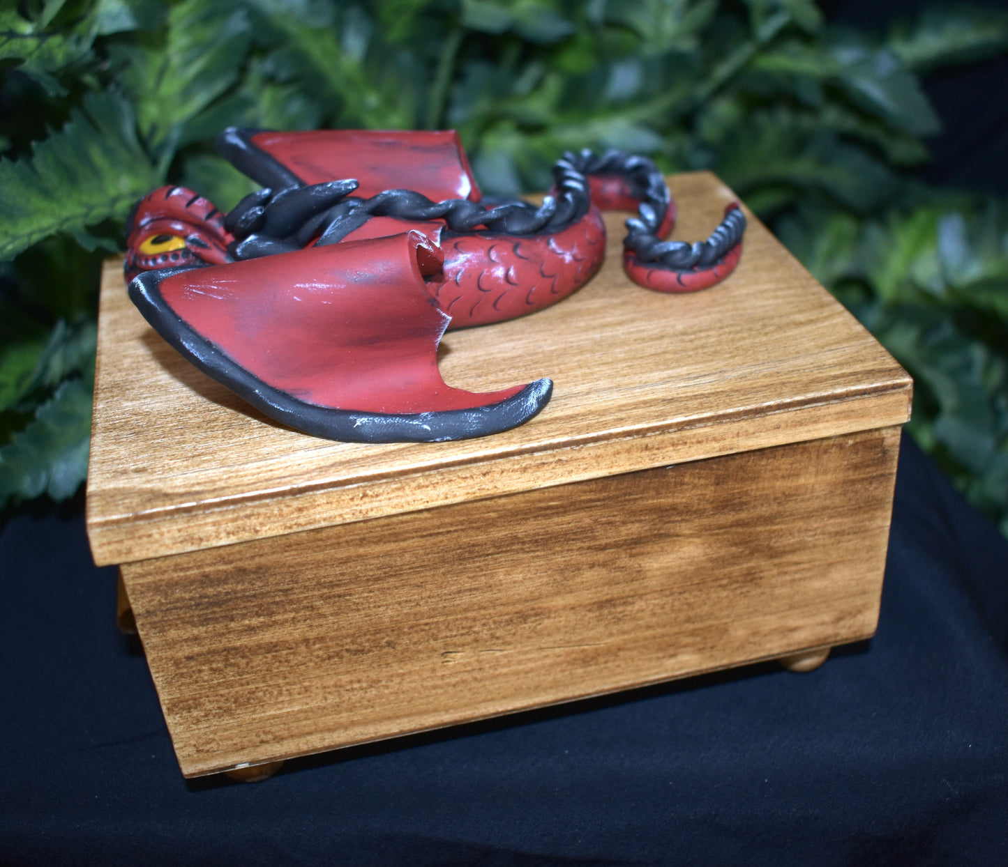 Polymer Clay Black and Red Dragon on Wood Jewelry Box - 1-103
