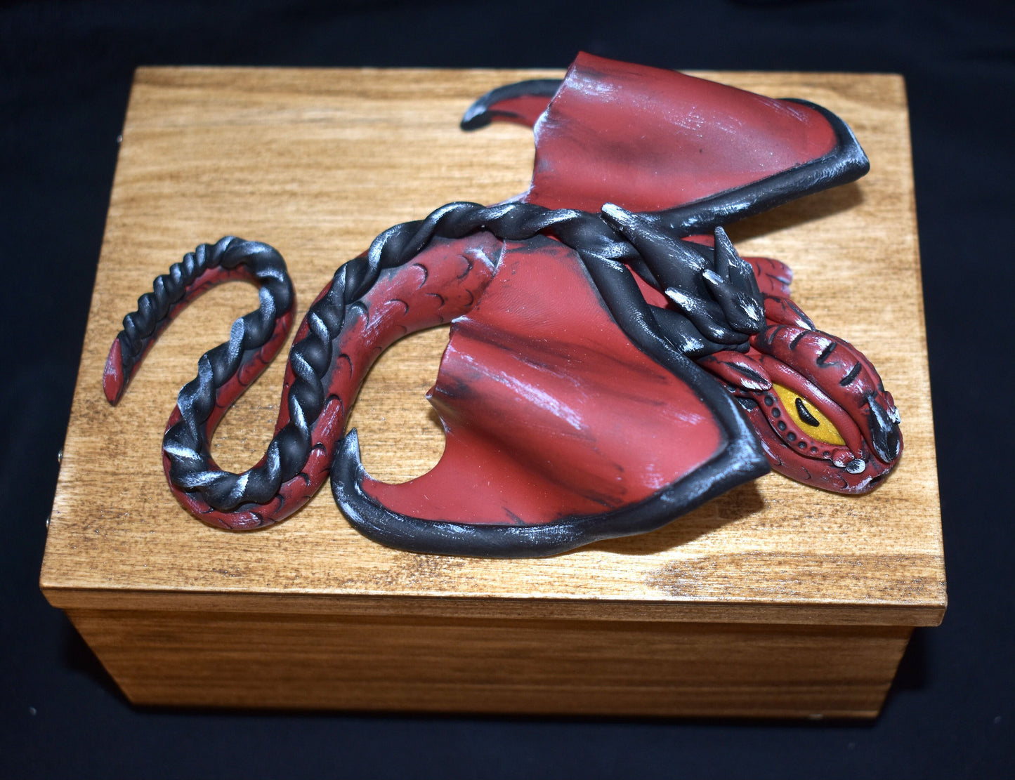 Polymer Clay Black and Red Dragon on Wood Jewelry Box - 1-103