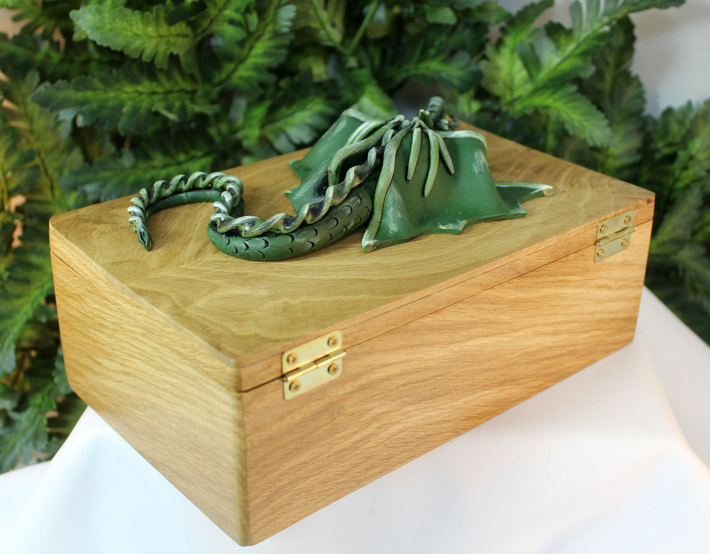 Polymer Clay Green Dragon on Natural Wood Box - 1-088