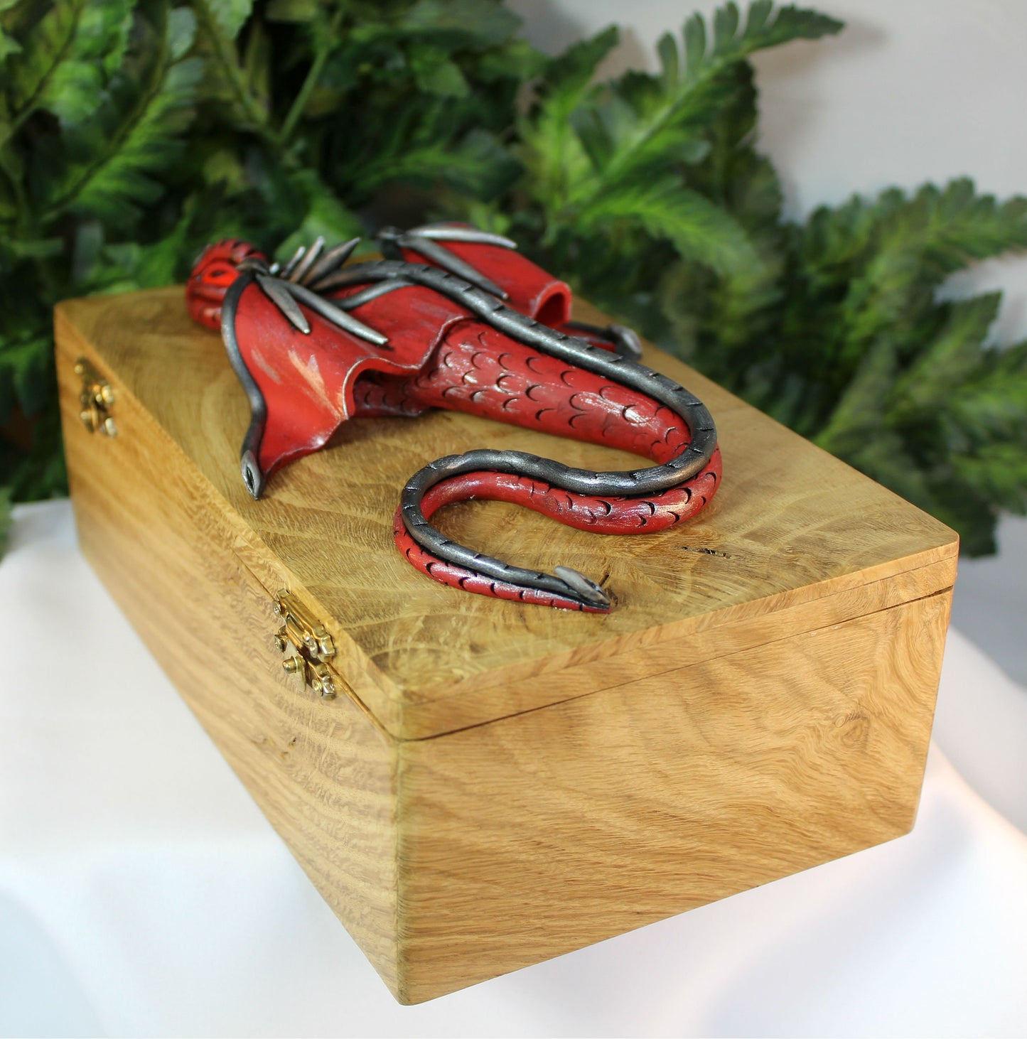 Polymer Clay Red and Black Dragon on Natural Wood Box - 1-089