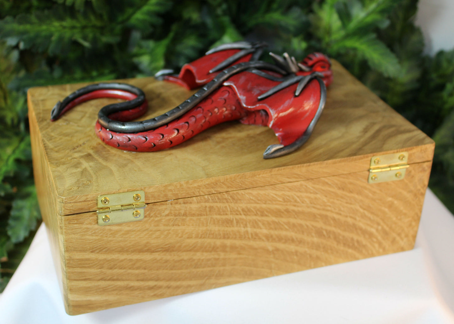 Polymer Clay Red and Black Dragon on Natural Wood Box - 1-089