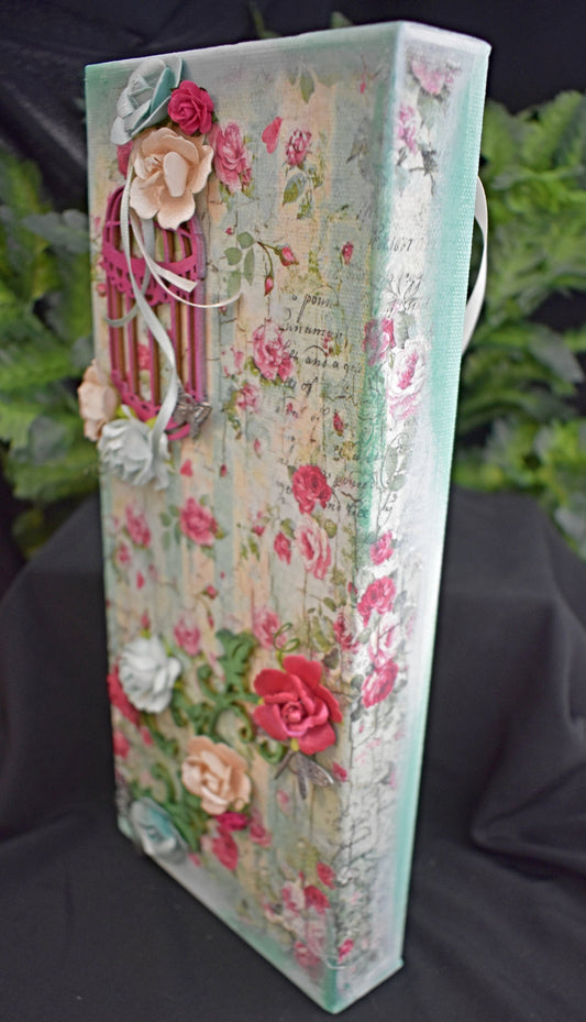 Mixed Media Handmade Canvas - Small Roses and Writings - 11-014