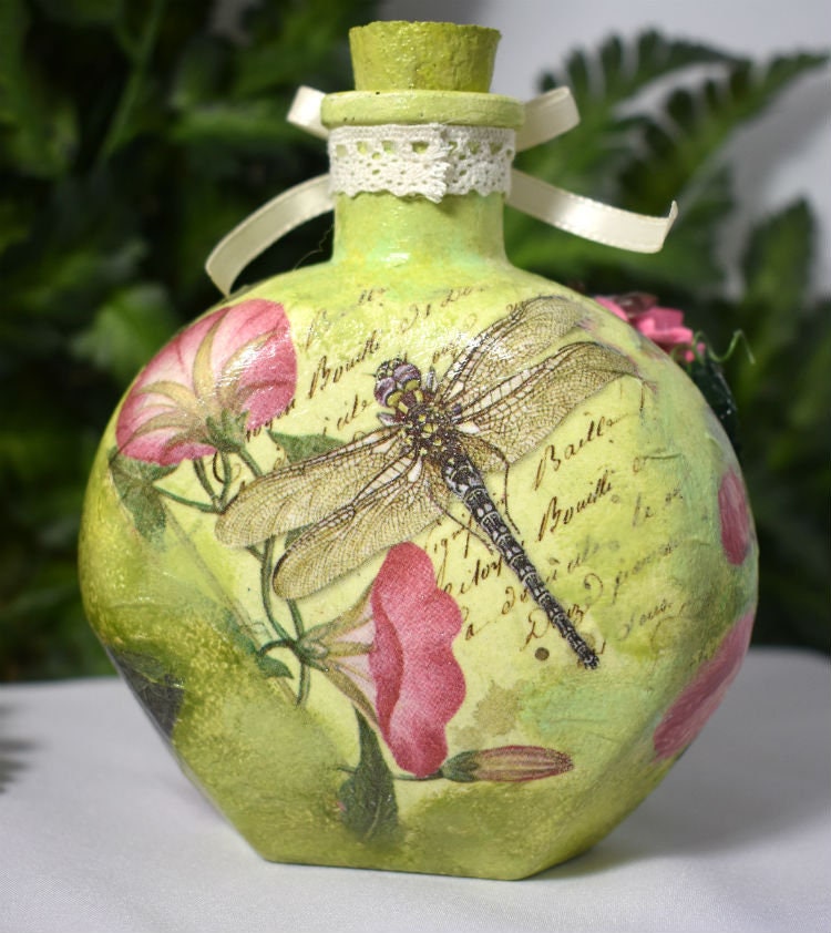 Spring Botanic Decoupage Glass Mixed Media Jar - 7-059