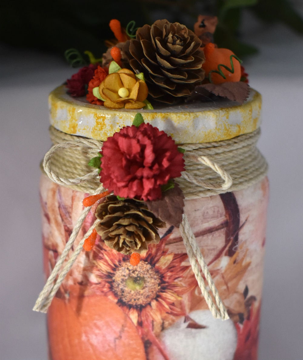 Autumn Decoupage Mixed Media Glass Jar - 7-063