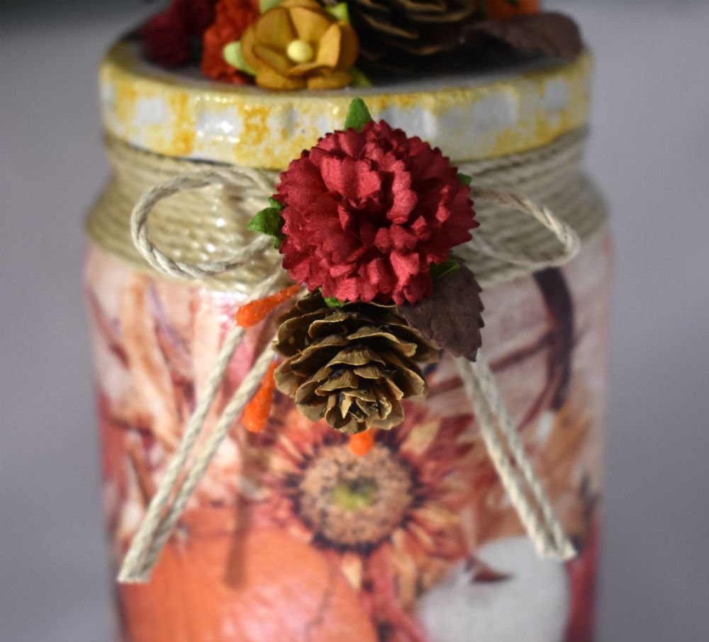 Autumn Decoupage Mixed Media Glass Jar - 7-063