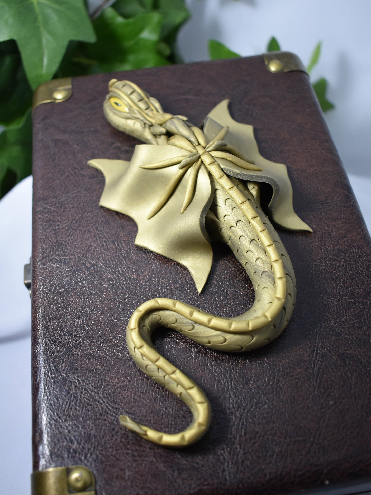 Polymer Clay Gold Dragon on Brown Chest - 1-113
