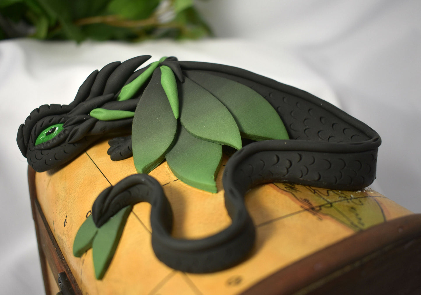 Polymer Clay Black Dragon on Map Chest - 1-111