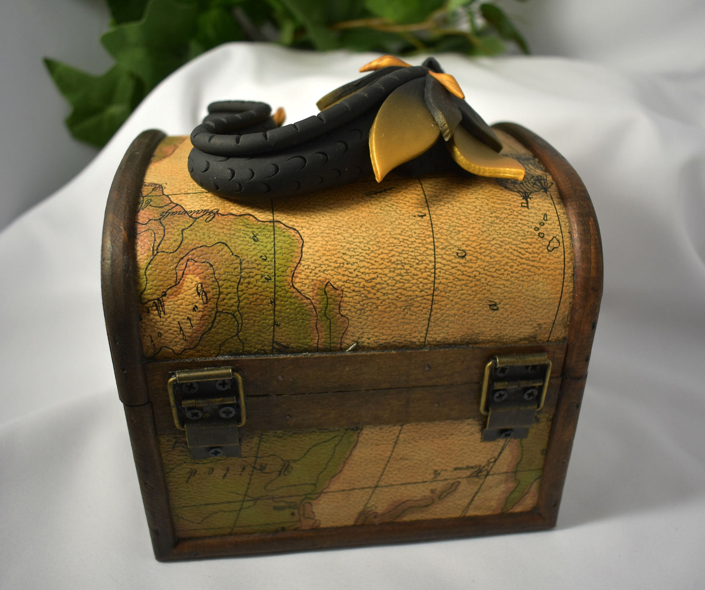 Polymer Clay Black and Gold Dragon on Map Chest - 1-112