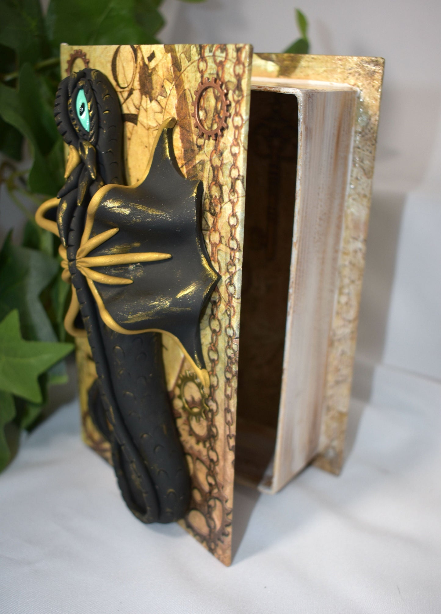 Polymer Clay Black and Gold Dragon on Altered Paper Mache Box - 1-117