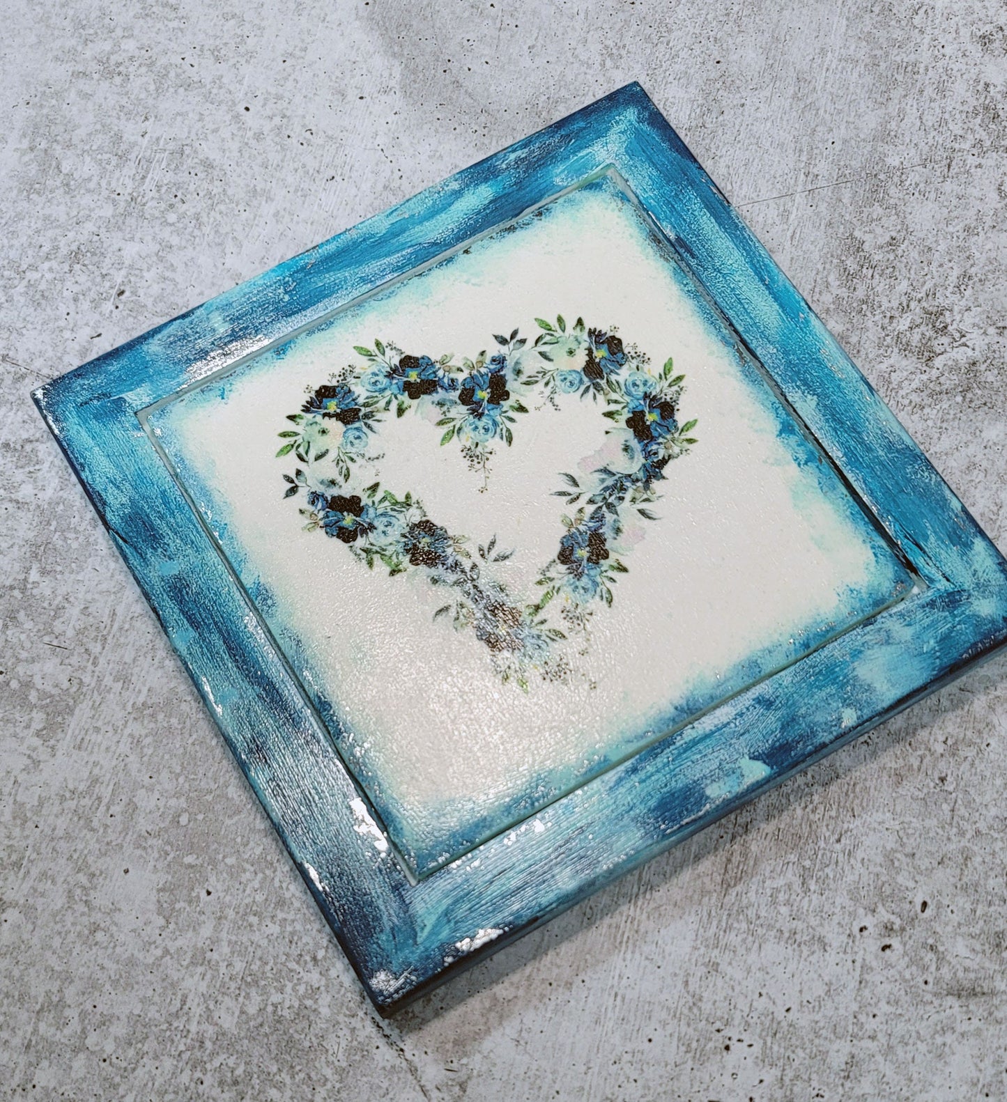 Framed Ceramic Blue Flower Wreath Tile Art - 7-073