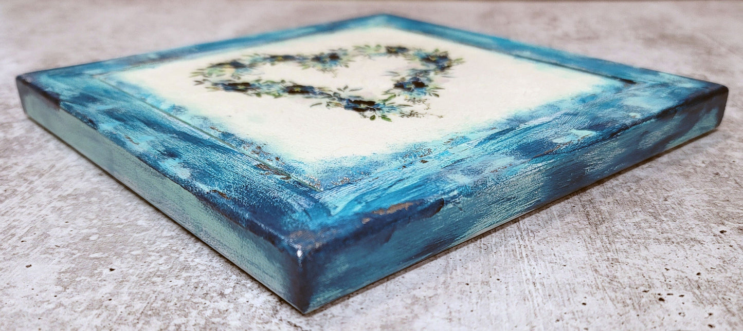 Framed Ceramic Blue Flower Wreath Tile Art - 7-073