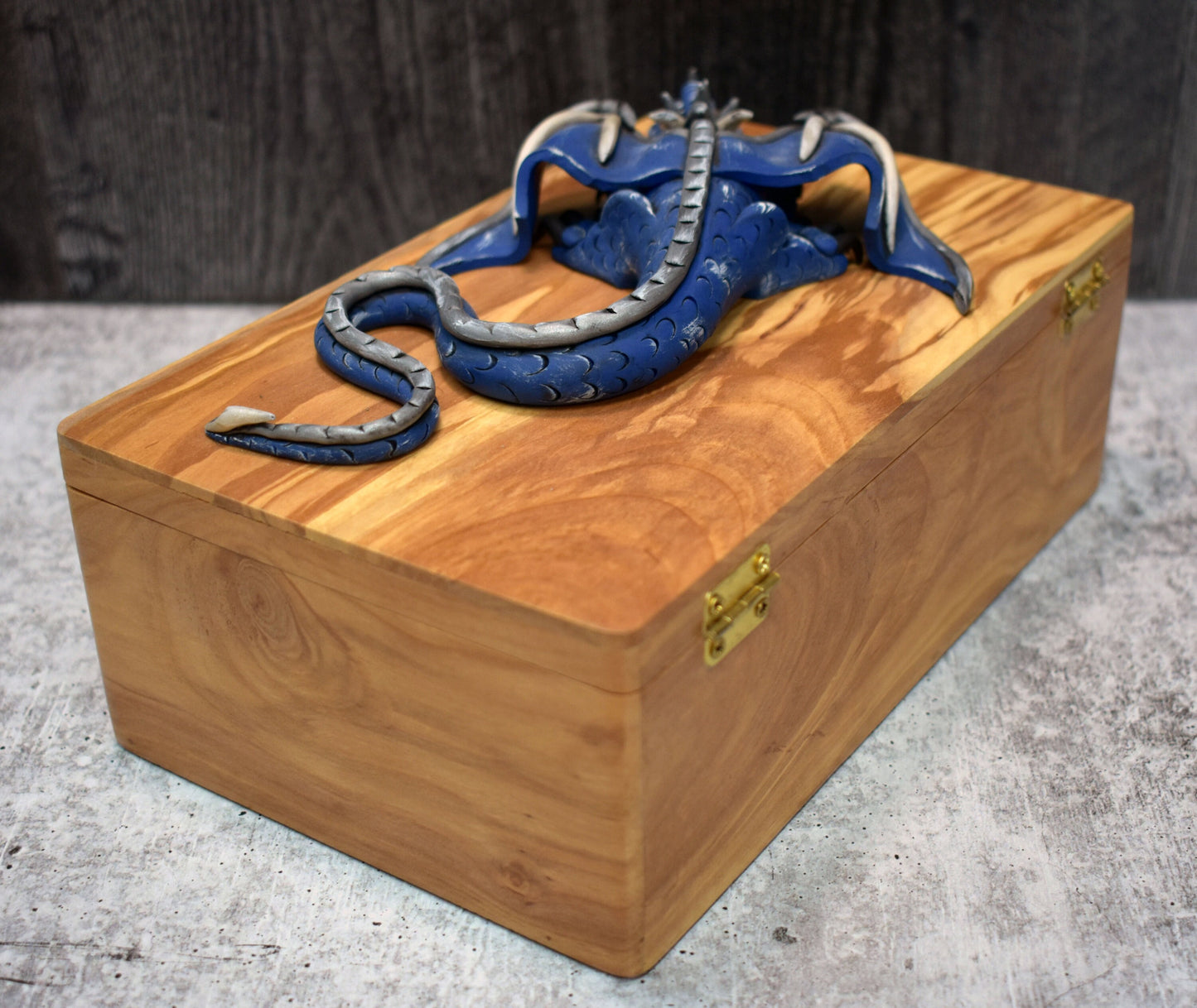 Polymer Clay Blue Dragon on Apple Wood Box - 1-091