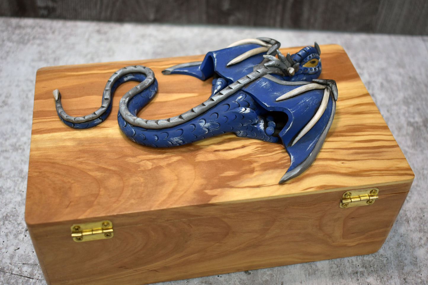 Polymer Clay Blue Dragon on Apple Wood Box - 1-091