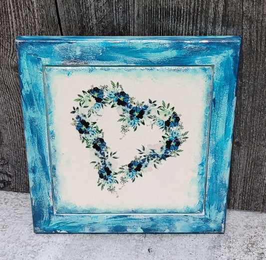 Framed Ceramic Blue Flower Wreath Tile Art - 7-073