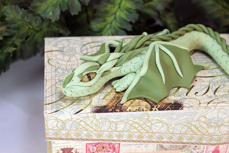 Polymer Clay Green Dragon on Pencil Box - 1-046