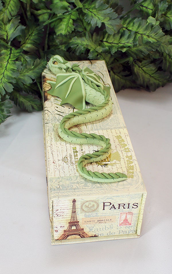 Polymer Clay Green Dragon on Pencil Box - 1-046