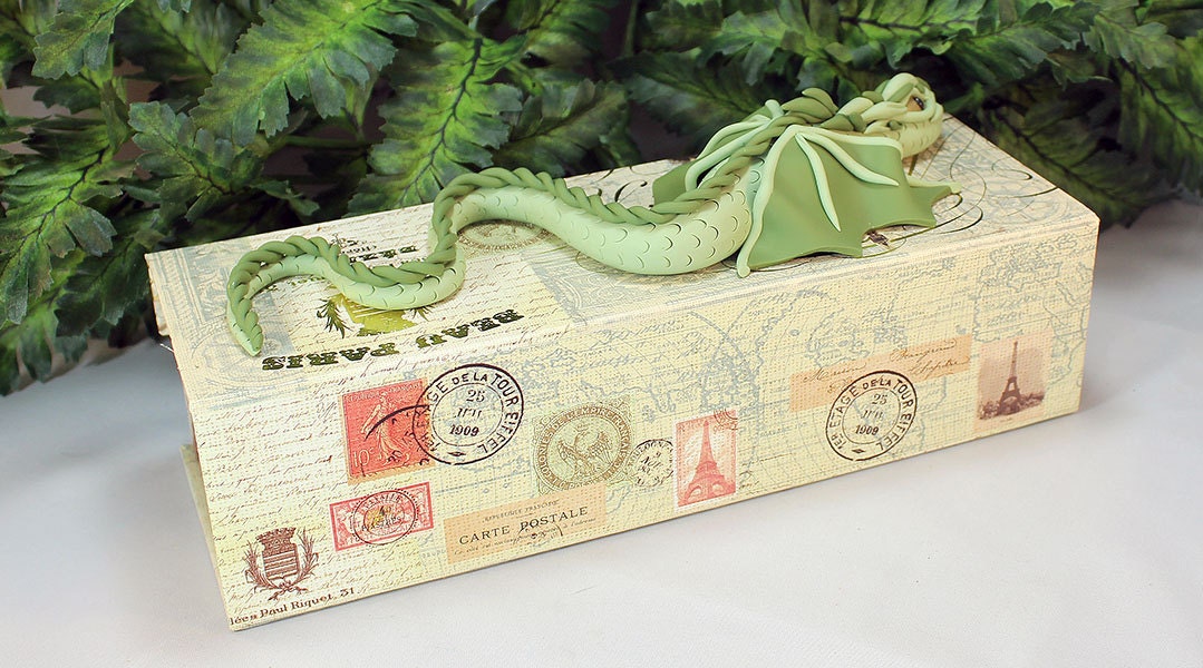 Polymer Clay Green Dragon on Pencil Box - 1-046