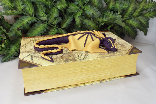 Polymer Clay Purple and Gold Dragon on a Storage Book - 1-058